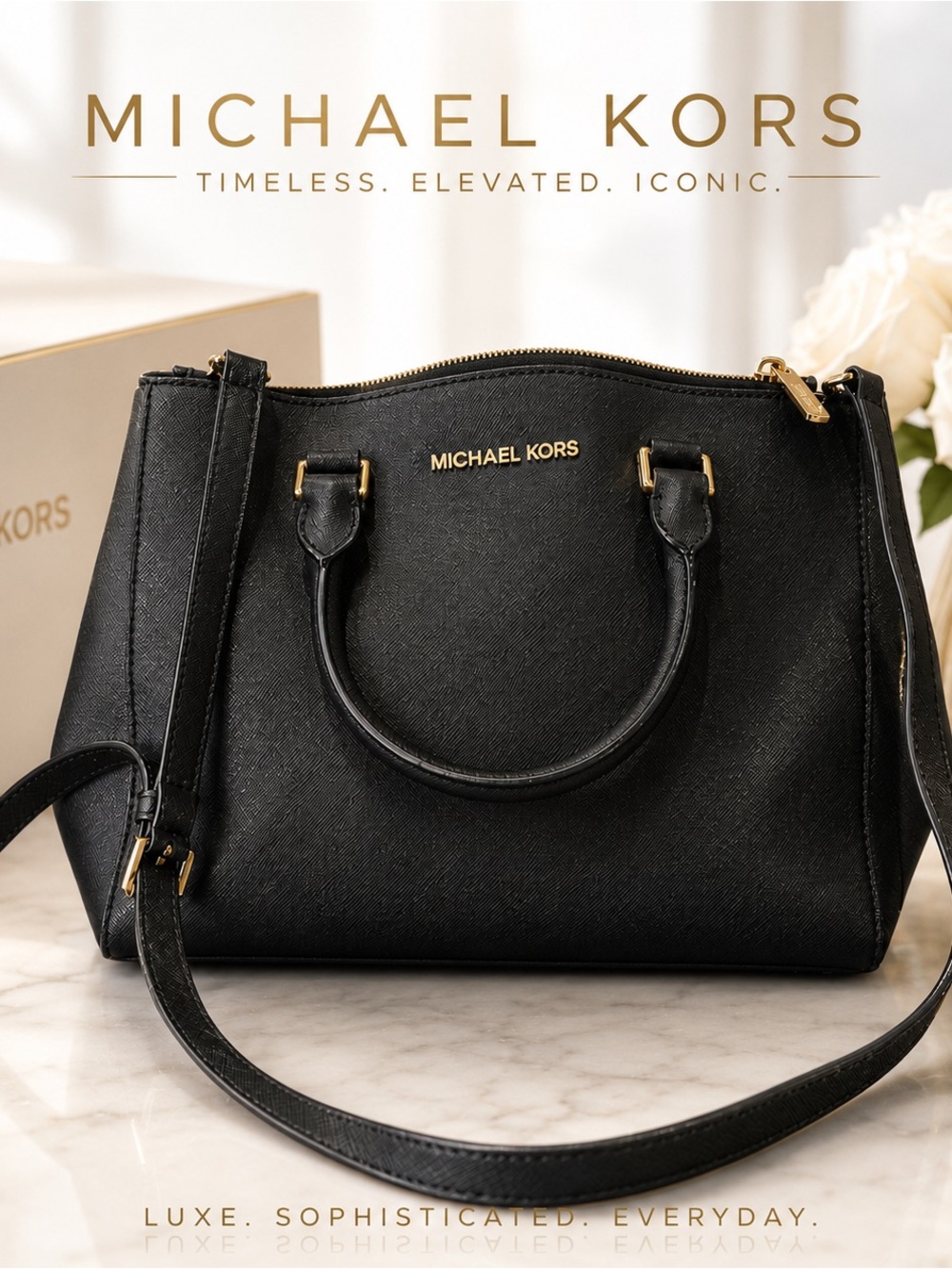 Michael Kors Black Saffiano Satchel with Gold Hardware adj shoulder strap $328